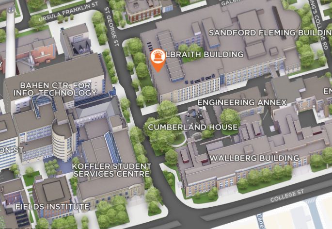 Map showing the Galbraith Building on the University of Toronto St. George campus